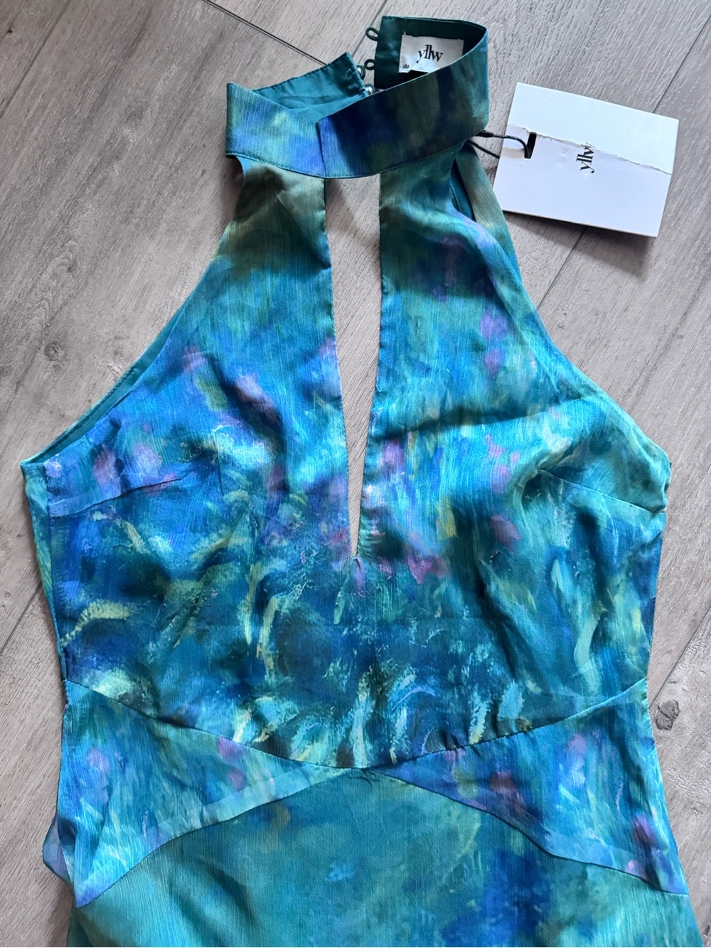 Halter Keyhole Maxi Dress in Green and Blue Marble - Picture 6 of 16